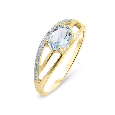 Bague Or Jaune 375 Topaze Bleue traitée Ovale 7x5mm et Diamant