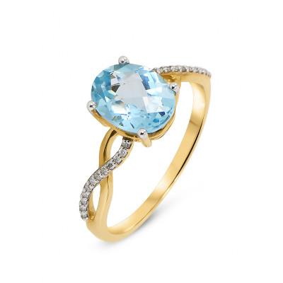 Bague Or Jaune 375 Topaze Bleue traitée Ovale 8x6mm et Diamant