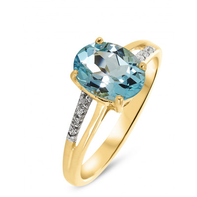 Bague Or jaune 375 Topaze Bleue traitée Ovale 9x7mm et Diamant
