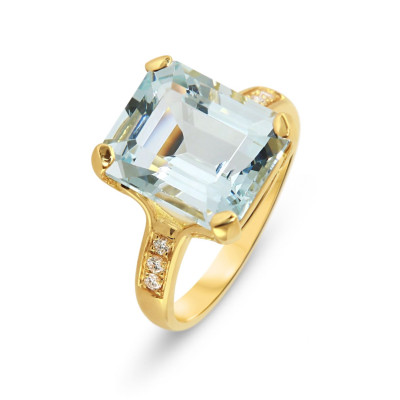 Bague Or Jaune 750 Aigue Marine 12x10mm et Diamant