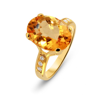 Bague Or Jaune 750 Citrine 14x10mm et Diamant