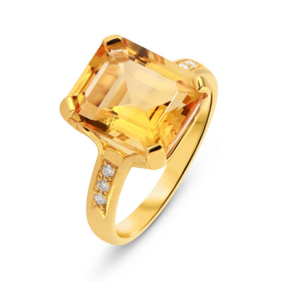 Bague Or Jaune 750 Citrine RPC 12x10mm et Diamant