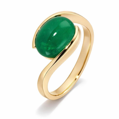 Bague Or Jaune 750 Emeraude Ovale Cabochon 10x8 mm AAA