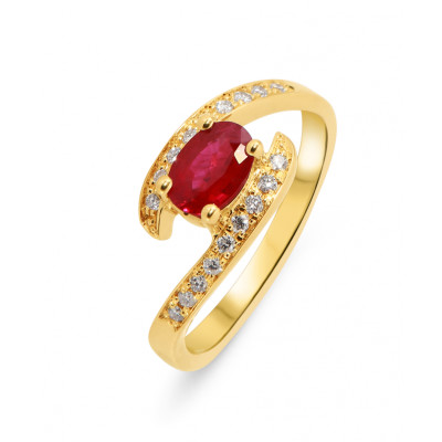 Bague Or jaune 750 Rubis ovale 7x5mm et Diamants
