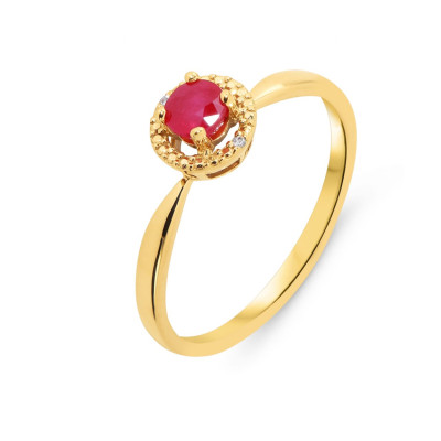 Bague Or Jaune 750 Rubis Rond 4mm et diamants