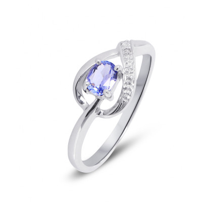 Bague  Tanzanite Ovale 5x4mm et Diamant en Or Blanc 375