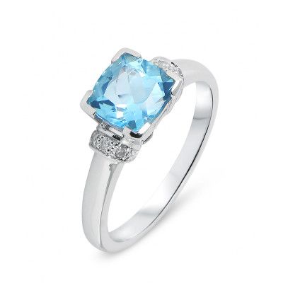 Bague Topaze Bleue Traitée Coussin 6.5mm Or Blanc et Diamants
