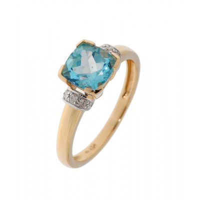 Bague Topaze Bleue Traitée Coussin Or Jaune et Diamants