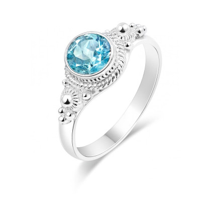 Bague Topaze bleue traitée en Argent 925 - Pierre Ronde 6mm