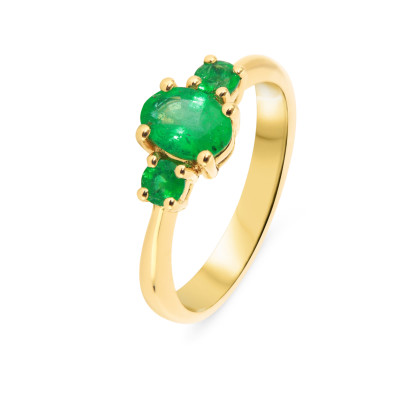 Bague Trilogie Or Jaune 750 Emeraude Ovale et Rondes