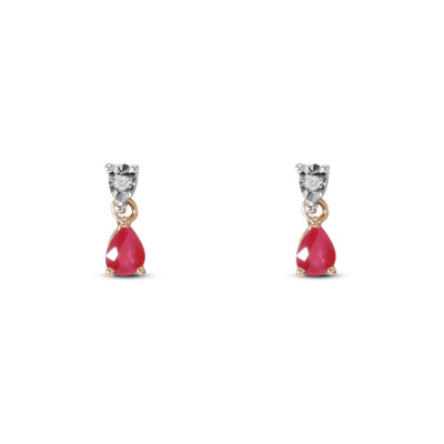 Boucles d'oreilles 2 Ors 750 Rubis Poire 5x3mm et Diamant