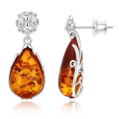 Boucles d'oreilles Ambre poire 16x10mm et Argent 925