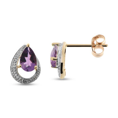 Boucles d'oreilles Améthyste Poire 6x4mm et Diamant en Or Jaune 375
