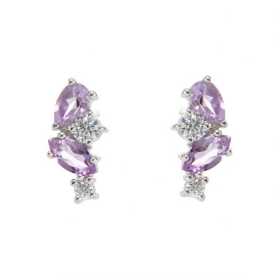 Boucles d'oreilles Double Duo en Argent 925 Rhodié Améthyste et Oxydes