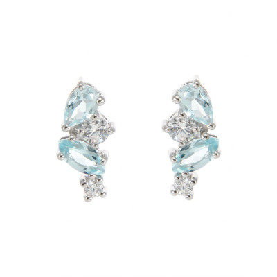Boucles d'oreilles Double Duo en Argent 925 Rhodié Topaze bleue traitée et Oxydes