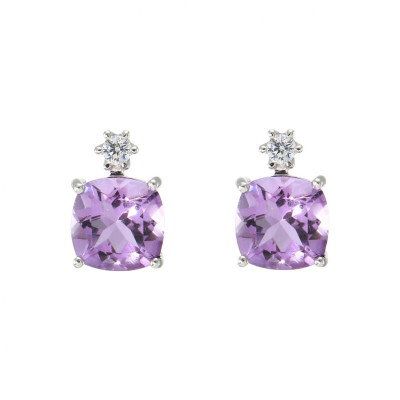 Boucles d'oreilles en Argent 925 Rhodié Améthyste Coussin 8x8mm et Oxyde