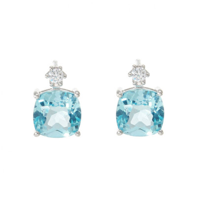 Boucles d'oreilles en Argent 925 Rhodié Topaze bleue traitée Coussin 8x8mm et Oxyde