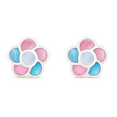 Boucles d'oreilles Fleur Argent et Nacre multicolore