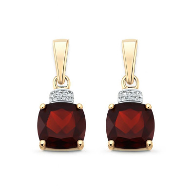 Boucles d'oreilles Grenat Coussin 6mm et Diamant en Or Jaune 375