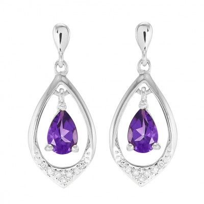 Boucles d'oreilles Or blanc 375 Améthyste poire 6x4mm et diamant