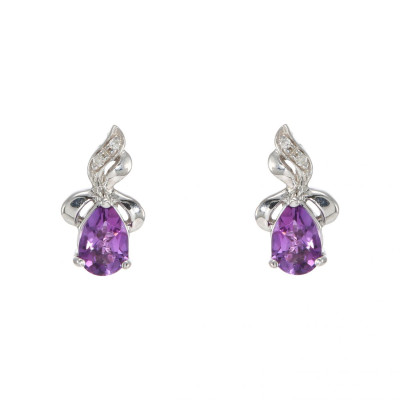 Boucles d'oreilles Or Blanc 375 Améthyste Poire 6x4mm et Diamant