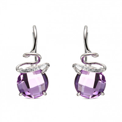 Boucles d'oreilles Or  Blanc 750 Améthyste Ronde 8mm et Diamant