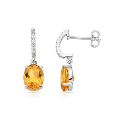 Boucles d'oreilles Or Blanc 750 Citrine Ovale 8x6mm  et Oxyde