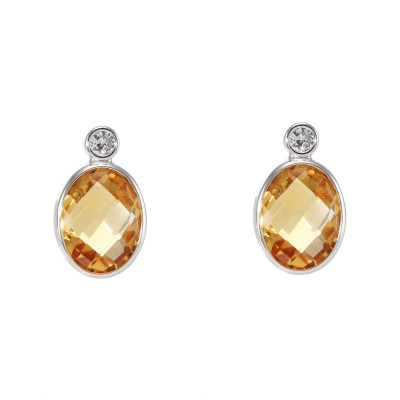 Boucles d'oreilles Or Blanc 750 Citrine Ovale 9x7mm et Oxydes de zirconium