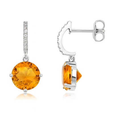 Boucles d'oreilles Or Blanc 750 Citrine Ronde 8mm  et Oxyde