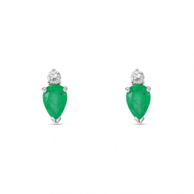 Boucles d'oreilles Or Blanc 750 Emeraude Poire 6x4mm et Diamant