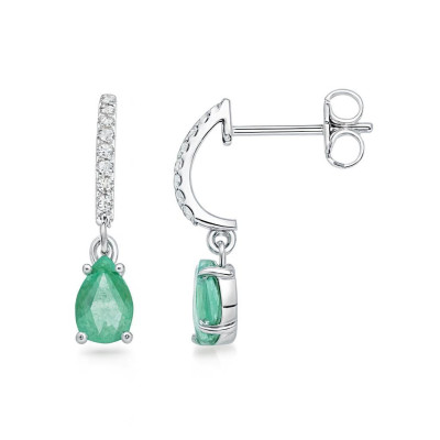 Boucles d'oreilles Or Blanc 750 Emeraude Poire  et Oxyde 