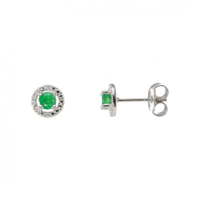 Boucles d'oreilles Or Blanc 750 Emeraude Ronde 3mm et Diamant