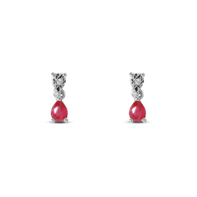 Boucles d'oreilles Or Blanc 750 Rubis Poire 5x3mm et Diamant