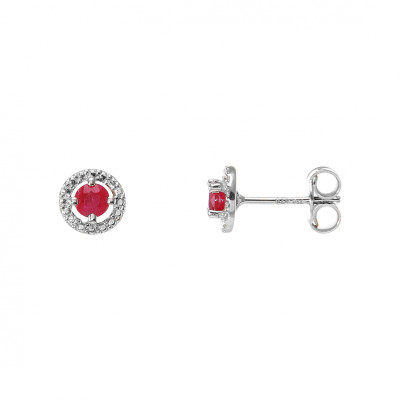 Boucles d'oreilles Or Blanc 750 Rubis Rond 3mm et Diamant