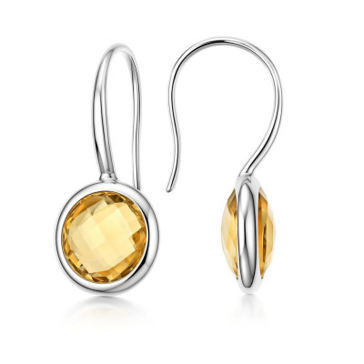 Boucles d'oreilles Or Blanc Citrine  Rondes 8mm