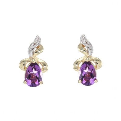 Boucles d'oreilles Or Jaune  375 Améthyste Poire 6x4mm et Diamant