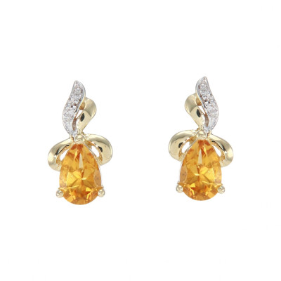 Boucles d'oreilles Or Jaune  375 Citrine Poire 6x4mm et Diamant