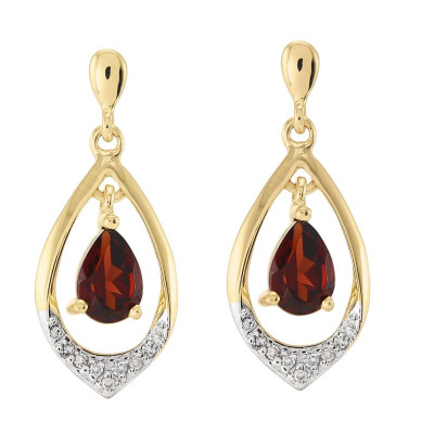 Boucles d'oreilles Or jaune 375 Grenat poire 6x4mm et diamant