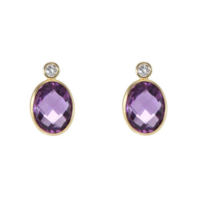 Boucles d'oreilles Or Jaune 750 Améthyste Ovale 9x7mm et Oxydes de zirconium