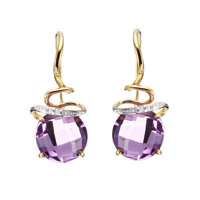 Boucles d'oreilles Or  Jaune 750 Améthyste Ronde 8mm et Diamant