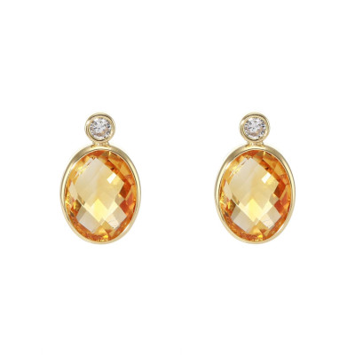 Boucles d'oreilles Or Jaune 750 Citrine Ovale 9x7mm et Oxyde de zirconium