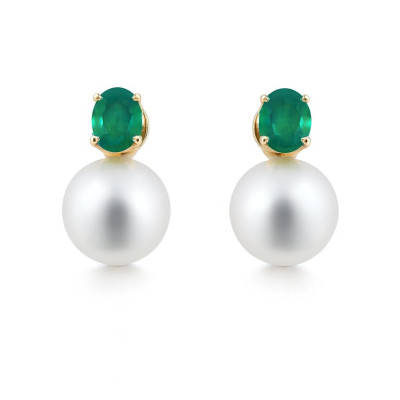 Boucles d'oreilles Or Jaune 750 Emeraude 4x3mm et Perle 6mm