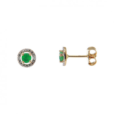 Boucles d'oreilles Or Jaune 750 Emeraude Ronde 3mm et Diamant