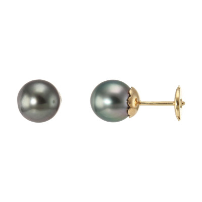 Boucles d'oreilles Or Jaune 750 et Perles de culture de Tahiti 8.5mm AAA