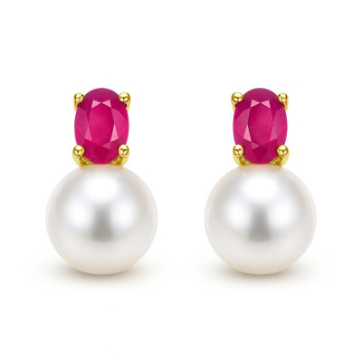 Boucles d'oreilles Or Jaune 750 Rubis 4x3mm et Perle 6mm