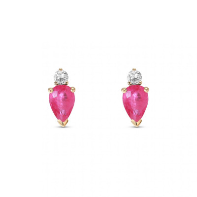 Boucles d'oreilles Or Jaune 750 Rubis Poire 6x4mm et Diamant