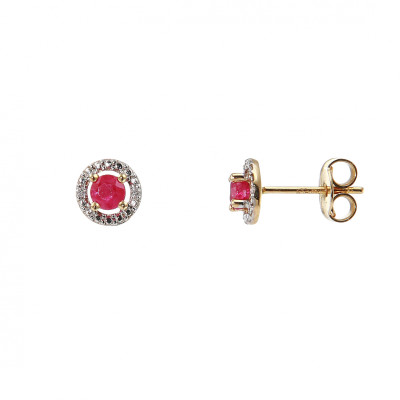 Boucles d'oreilles Or Jaune 750 Rubis Rond 3mm et Diamant