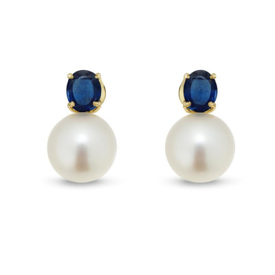 Boucles d'oreilles Or Jaune 750 Saphir et Perle