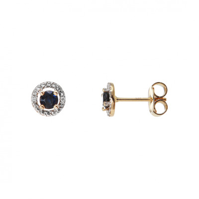 Boucles d'oreilles Or Jaune 750 Saphir Rond 3mm et Diamant