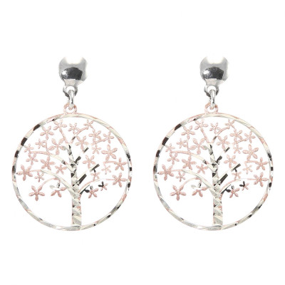 Boucles d'oreilles pendante argent rhodié arbre de vie 2 tons
